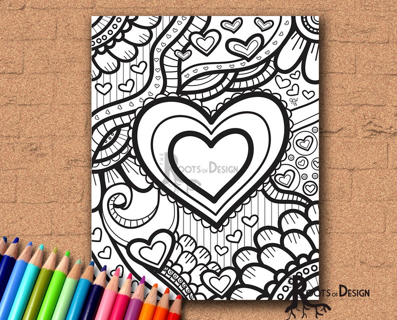 INSTANT DOWNLOAD Coloring Page Fancy Heart/ Valentine's Day Art Coloring Print zentangle inspired, doodle art, printable image 1