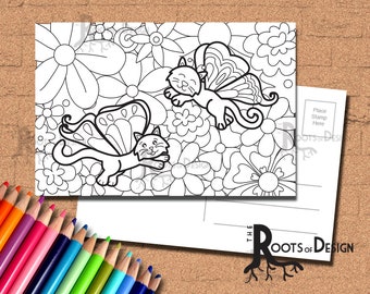 SOFORTIGER DOWNLOAD Postkarten-Seite zum Ausmalen - Süße Katze-a-fly Coloring your own fun Postkarten, doodle art, printable, Coloring Postkarten