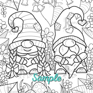 May include: A black and white line art illustration of two gnomes holding hearts. The gnomes are surrounded by flowers and mushrooms. The text "Sample" is written in turquoise letters at the bottom of the image.