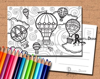 INSTANT DOWNLOAD Coloring Postcard Page - Hot Air Balloons Color your own fun Postcards, doodle art, printable, Coloring Postcards