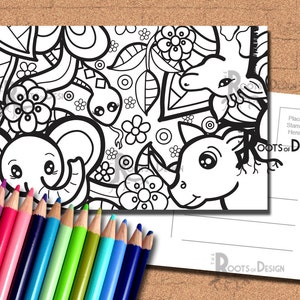 INSTANT DOWNLOAD Coloring Postcard Page - Jungle Animals Color your own fun Postcards, doodle art, printable, Coloring Postcards