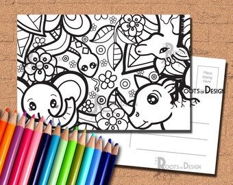 INSTANT DOWNLOAD Coloring Postcard Page - Jungle Animals Color your own fun Postcards, doodle art, printable, Coloring Postcards