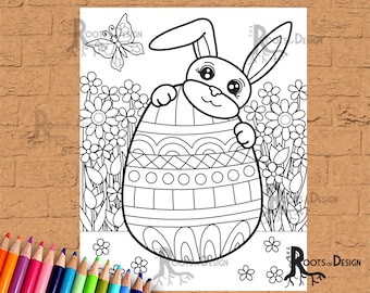 INSTANT DOWNLOAD Coloring Page - Bunny with Easter Egg inspired, doodle art, printable