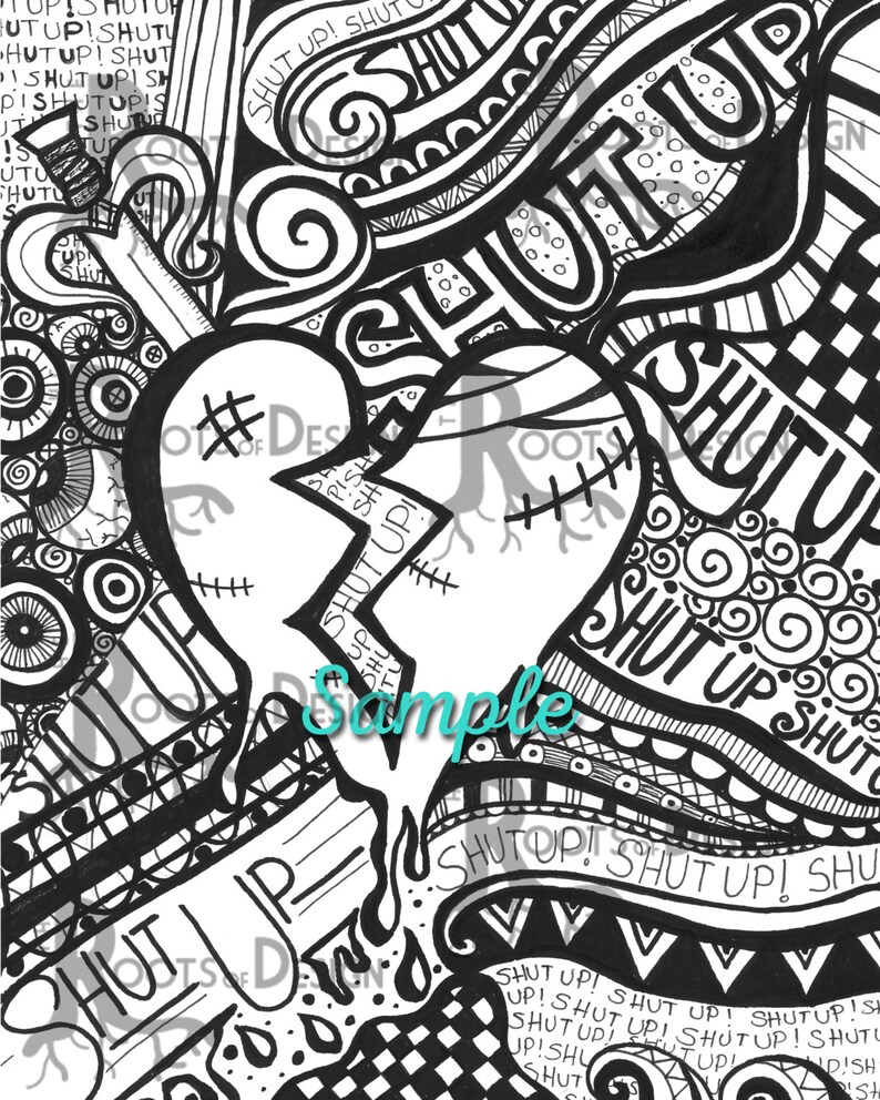 Puede incluir: Ilustraci&oacute;n en blanco y negro de un coraz&oacute;n roto con puntadas. El coraz&oacute;n est&aacute; rodeado de las palabras "Shut Up" en varios tama&ntilde;os y estilos. La ilustraci&oacute;n es de estilo doodle con detalles intrincados.