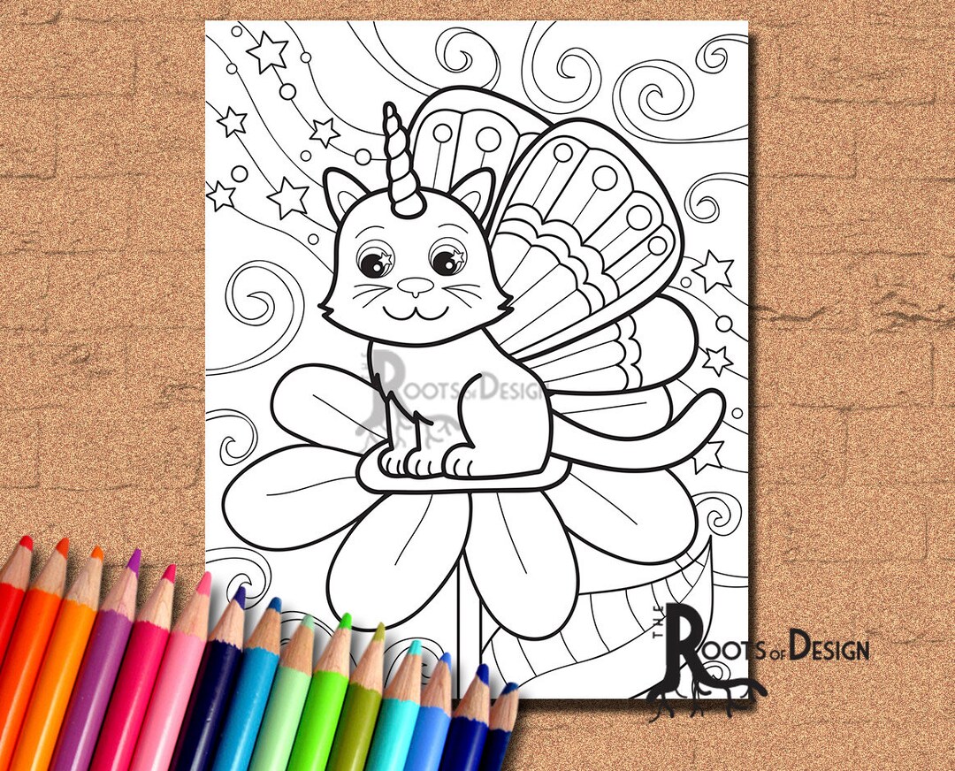 INSTANT DOWNLOAD Coloring Page Butterfly Uni-cat Art Coloring Print