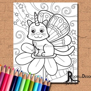 INSTANT DOWNLOAD Coloring Page Butterfly Uni-Cat Art Coloring Print, doodle art, printable