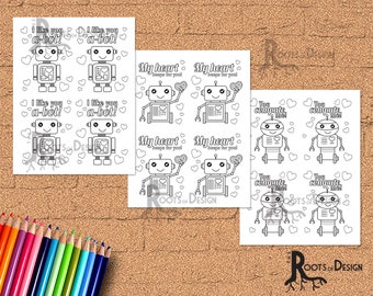 Instant Download- Cute Robot Valentine Card Bundle for Coloring, Great for the classroom - Color Your Own Printable Card