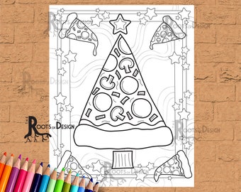 INSTANT DOWNLOAD Pizza Christmas Tree Page Print, doodle art, printable