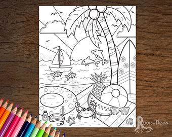 DESCARGA INSTANTE Página para colorear - Diversión de verano 4, arte del doodle, imprimible