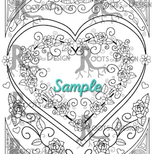 May include: Black and white line art coloring page featuring a heart shape surrounded by roses and vines. The word "Sample" is written in the center of the heart.