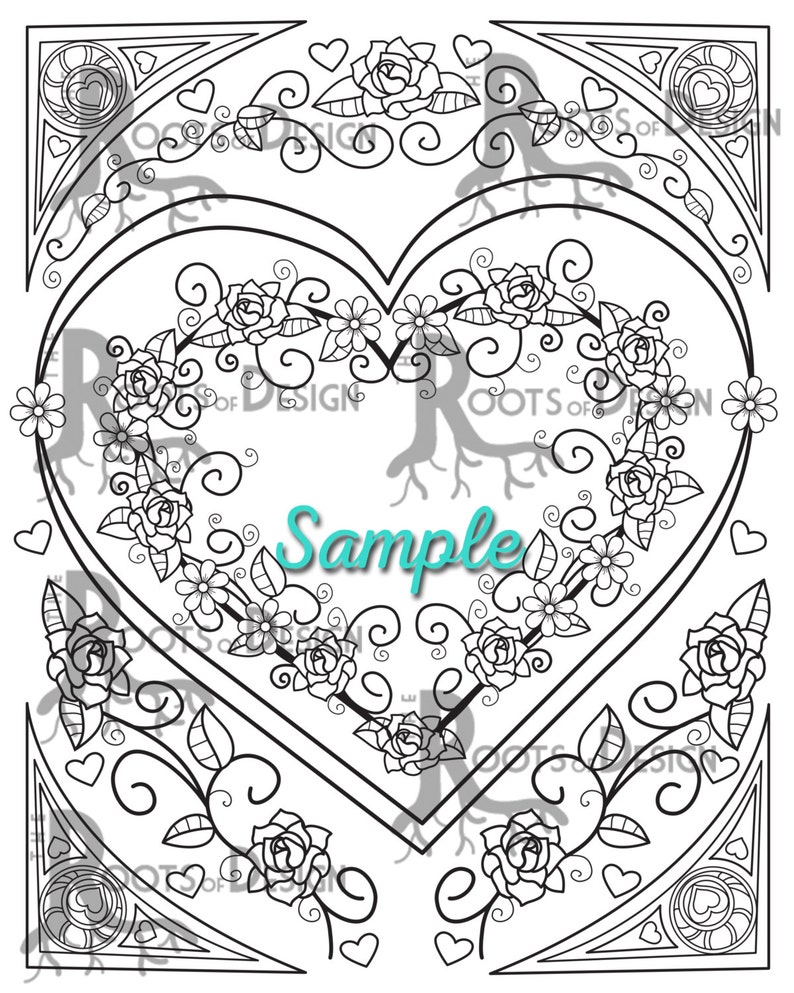 May include: Black and white line art coloring page featuring a heart shape surrounded by roses and vines. The word "Sample" is written in the center of the heart.