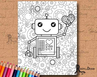 INSTANT DOWNLOAD Coloring Page - Robot with gears 2, doodle art, gamer printable