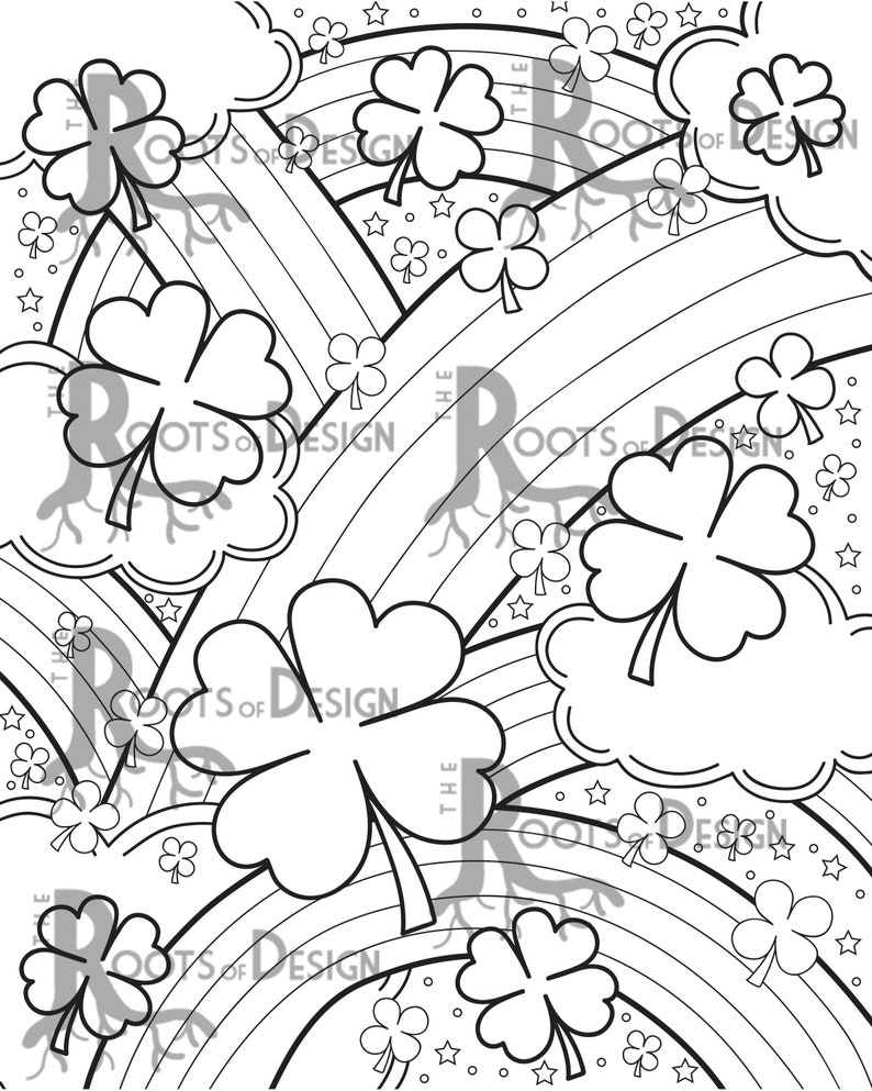 INSTANT DOWNLOAD Coloring Page Shamrock and Rainbows, doodle art, printable image 2