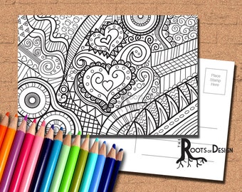 INSTANT DOWNLOAD Coloring Postcard Page - Heart Zendoodle Color your own fun Postcards, doodle art, printable, Coloring Postcards