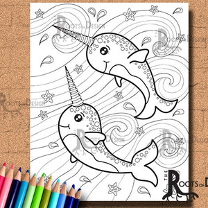 INSTANT DOWNLOAD Coloring Page - Narwhals zentangle inspired, doodle art, printable