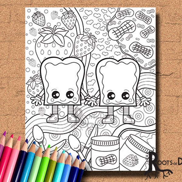 INSTANT DOWNLOAD Coloring Page Peanut Butter and Jelly Art Coloring Print, doodle art, printable