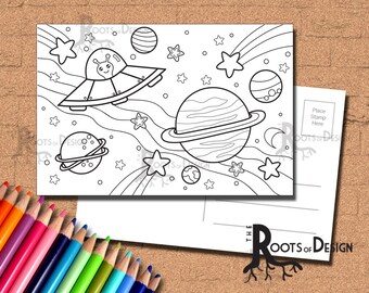 INSTANT DOWNLOAD Coloring Postcard Page - UFO in Space Color your own fun Postcards, doodle art, printable, Coloring Postcards