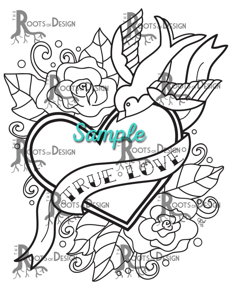 INSTANT DOWNLOAD Coloring Page Tattoo Style True Love Heart | Etsy