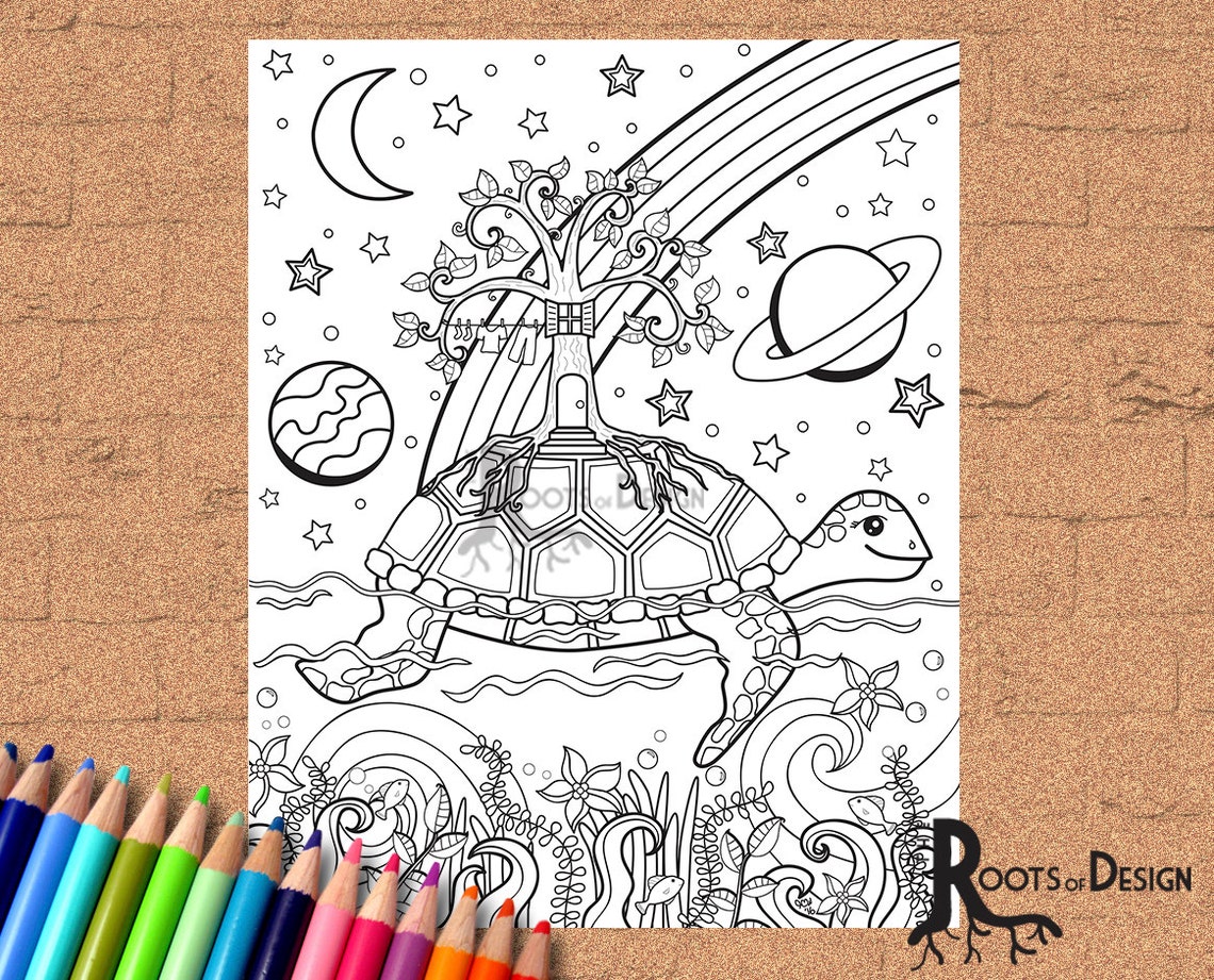 INSTANT DOWNLOAD Coloring Page Turtle island with the Tree | Etsy