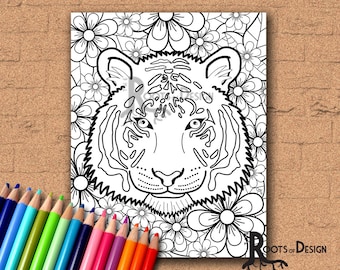 INSTANT DOWNLOAD Coloring Page - Stunning Tiger Coloring Print, doodle art, printable, Kawaii style