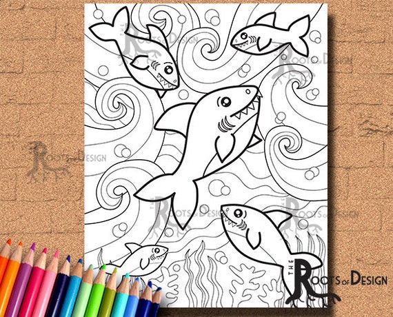 INSTANT DOWNLOAD Coloring Page   Sharks doodle art