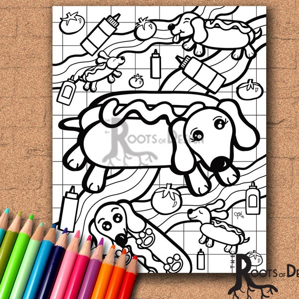 INSTANT DOWNLOAD Coloring Page - Hot Dog Dog on a Picnic, doodle art, printable