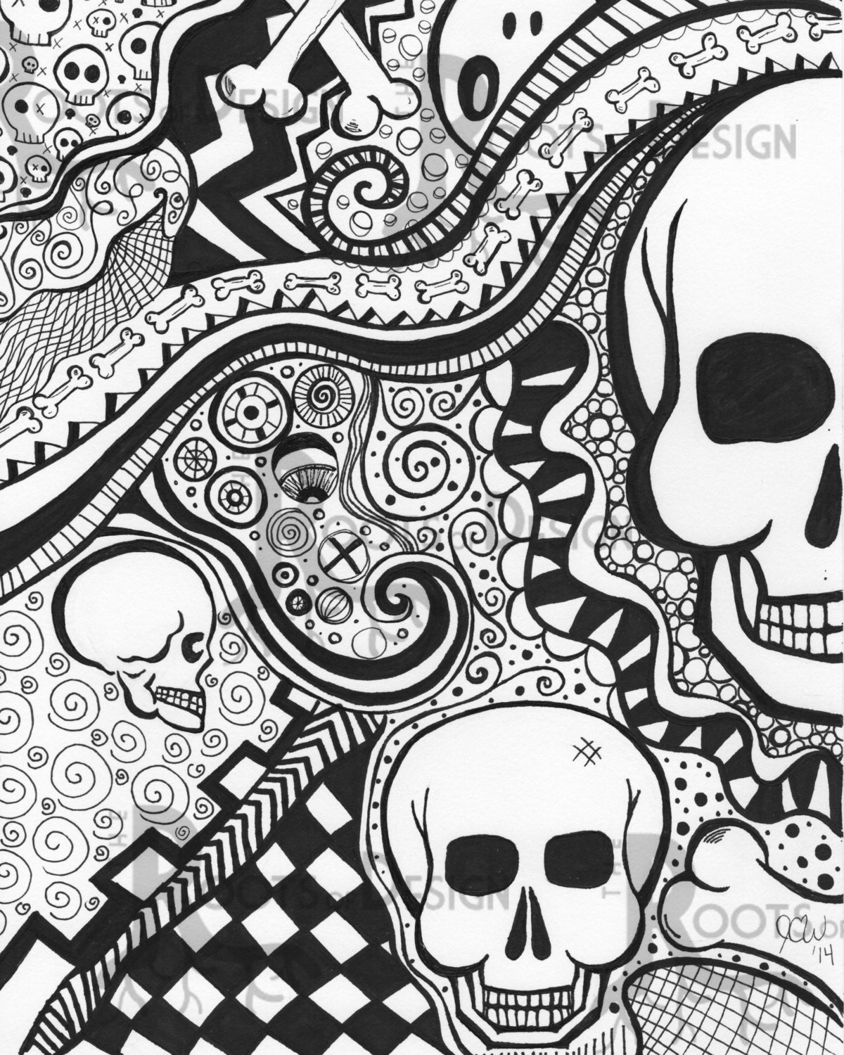 INSTANT DOWNLOAD Coloring Page Skeleton Art Print Zentangle Etsy