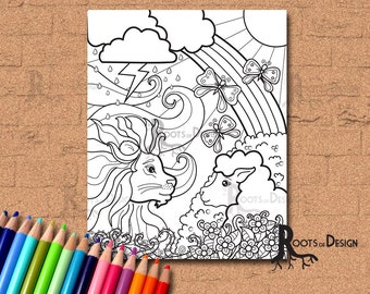 INSTANT DOWNLOAD Coloring Page - Lion Lamb Coloring. March comes in like a lion and goes out like a lamb, doodle art, printable