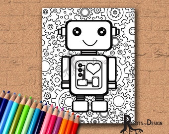 INSTANT DOWNLOAD Coloring Page - Robot with gears, doodle art, gamer printable