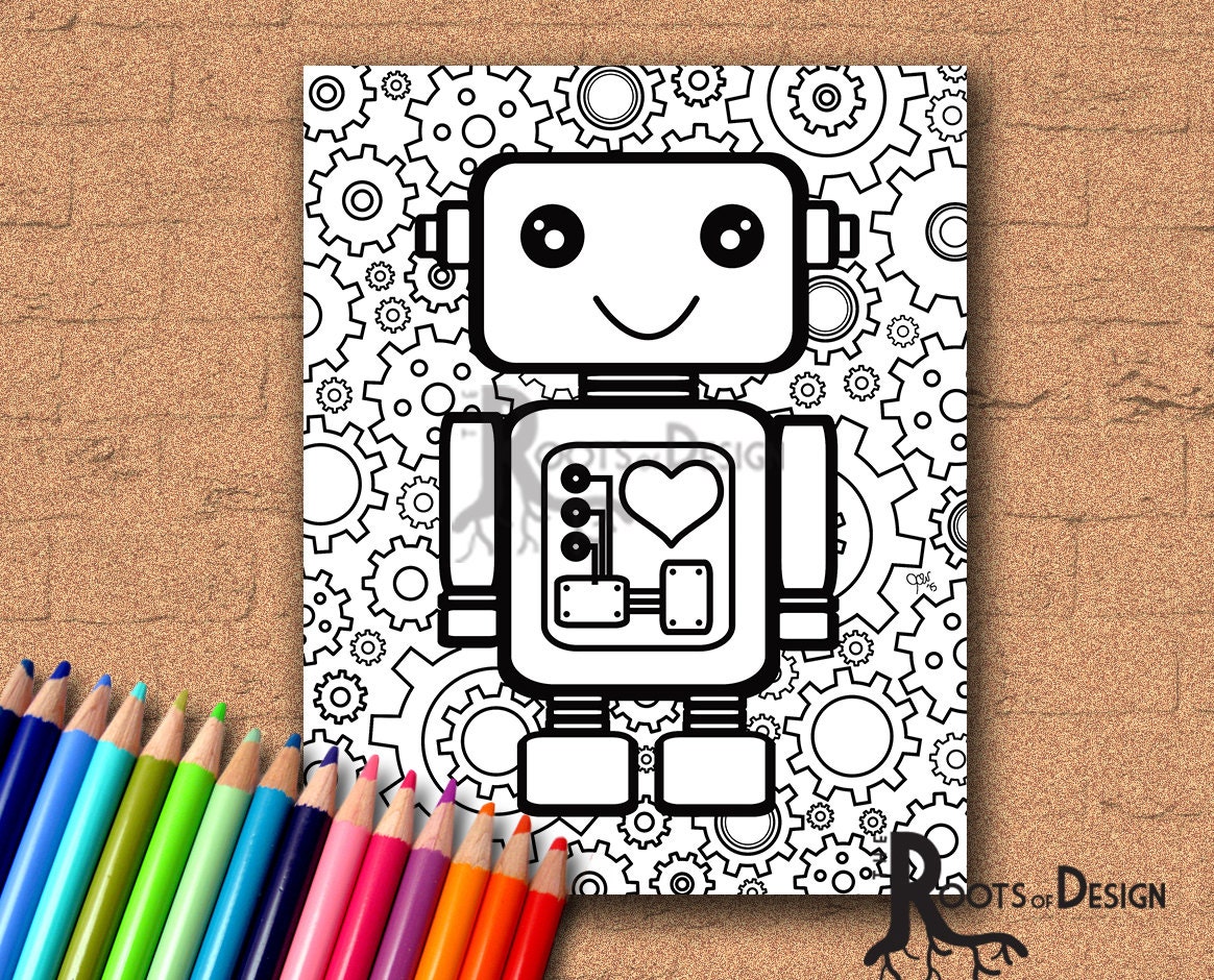 INSTANT DOWNLOAD Coloring Page Robot With Gears Doodle Art Etsy