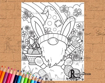 DESCARGA INSTANTE Página para colorear - Impresión de paquete de gnomos de conejito de Pascua, arte de garabatos, imprimible