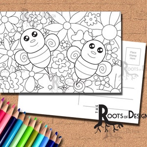 INSTANT DOWNLOAD Coloring Postcard Page - Cute Bees Color your own fun Postcards, doodle art, printable, Coloring Postcards