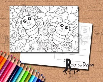 INSTANT DOWNLOAD Coloring Postcard Page - Cute Bees Color your own fun Postcards, doodle art, printable, Coloring Postcards