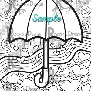 May include: A black and white line drawing of an umbrella with hearts hanging from it. The umbrella is over a field of hearts. The text "Sample" is written on the umbrella.