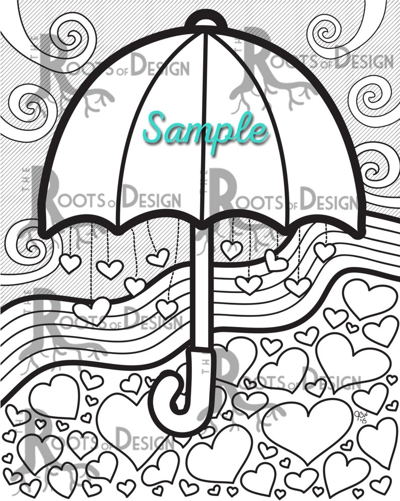May include: A black and white line drawing of an umbrella with hearts hanging from it. The umbrella is over a field of hearts. The text "Sample" is written on the umbrella.