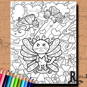 INSTANT DOWNLOAD Coloring Page Butterfly Uni-Cat Art Coloring Print, doodle art, printable