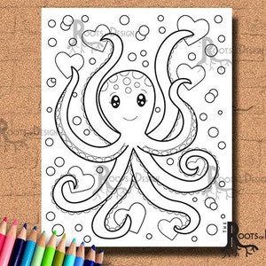 INSTANT DOWNLOAD COlORING PAGE- Octopus Love Page Print, doodle art, printable