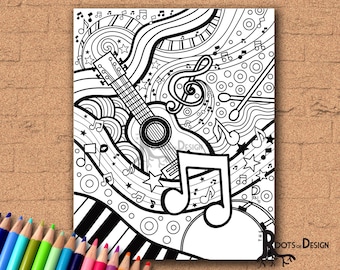 INSTANT DOWNLOAD Coloring Page - Music Art Print zentangle inspired, doodle art, printable