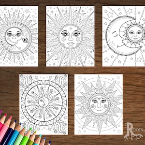 INSTANT DOWNLOAD Coloring Page - Celestial Sun Moon Coloring Pack, doodle art, printable