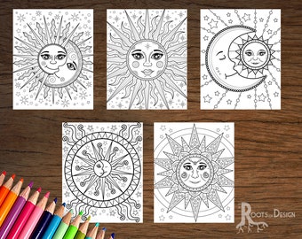 INSTANT DOWNLOAD Coloring Page - Celestial Sun Moon Coloring Pack, doodle art, printable