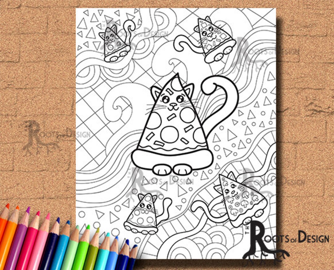 INSTANT DOWNLOAD Coloring Pizza Cats Art Coloring Page/ Print, Doodle ...