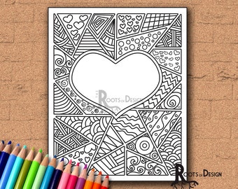 INSTANT DOWNLOAD Coloring Page - Doodle Heart, Stain Glass Style Coloring Print, doodle art, printable