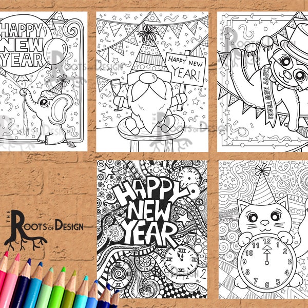 Instant Download-Happy New Year  coloring bundle zendoodle inspired Coloring Page /  Print