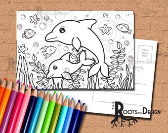 INSTANT DOWNLOAD Coloring Postcard Page - Fun Dolphins Color your own fun Postcards, doodle art, printable, Coloring Postcards