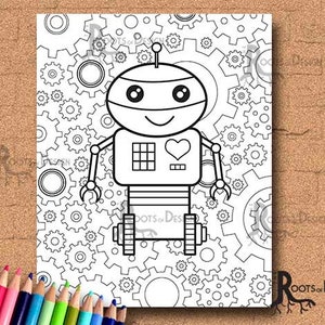 INSTANT DOWNLOAD Coloring Page - Robot with gears 3, doodle art, gamer printable