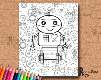 INSTANT DOWNLOAD Coloring Page - Robot with gears 3, doodle art, gamer printable