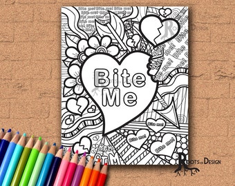 TÉLÉCHARGEMENT INSTANTANÉ Coloriage - Bite Me Anti-Valentine's Coloring Print, doodle art, imprimable