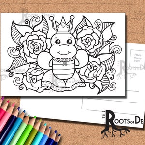 INSTANT DOWNLOAD Coloring Postcard Page - Queen Bee Color your own fun Postcards, doodle art, printable, Coloring Postcards