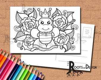 INSTANT DOWNLOAD Coloring Postcard Page - Queen Bee Color your own fun Postcards, doodle art, printable, Coloring Postcards