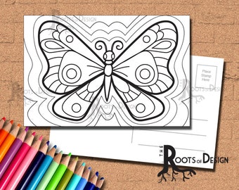 INSTANT DOWNLOAD Coloring Postcard Page - Cute Butterfly Color your own fun Postcards, doodle art, printable, Coloring Postcards